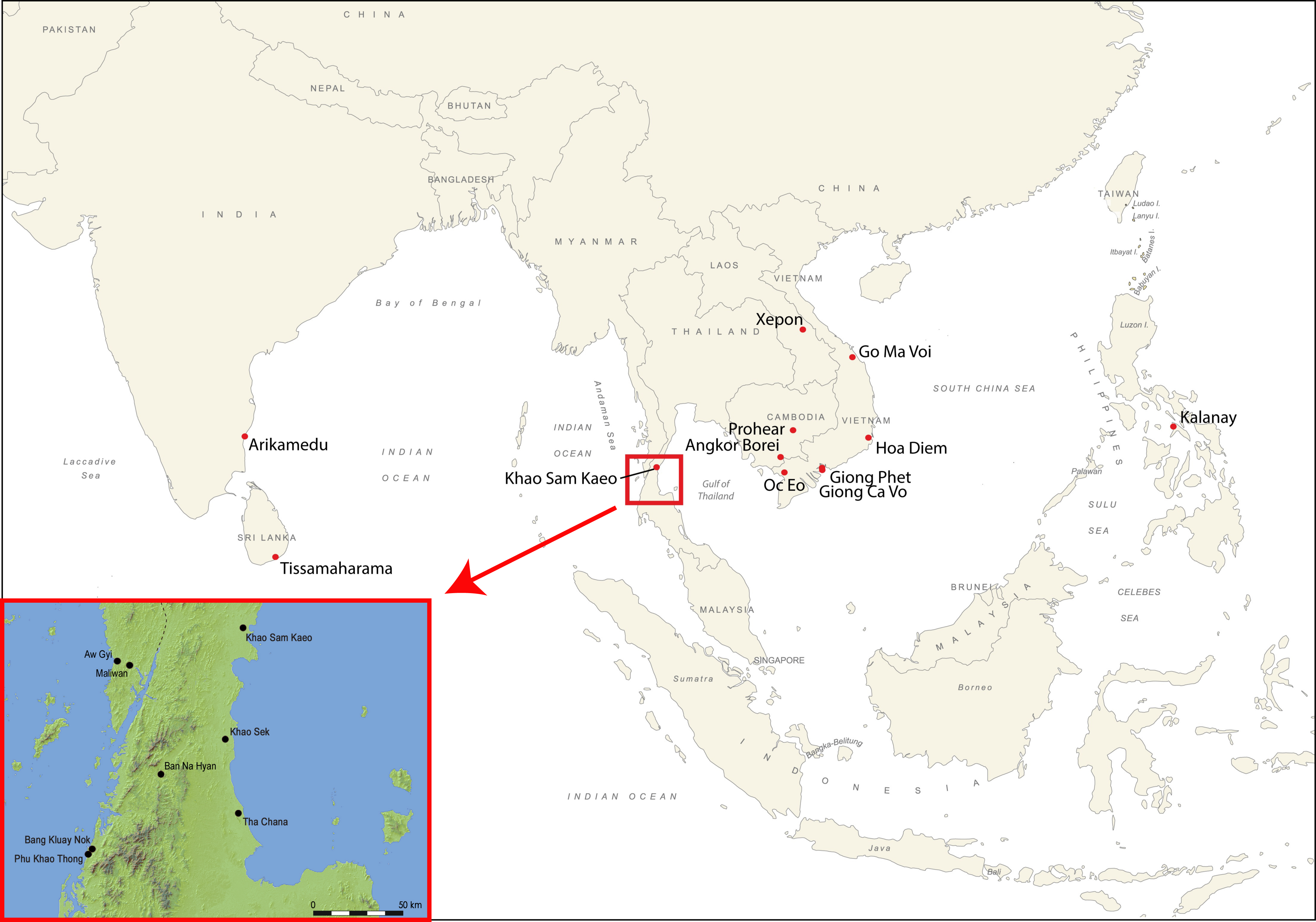 location map for Khao Sam Kaeo and other prehistoric sites in the Isthmus of Kra